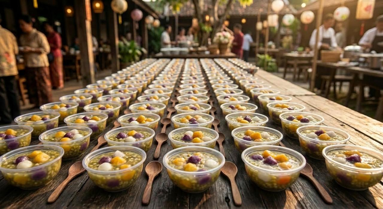 Rows of individually portioned taro sweet potato balls prepared for a bulk order event