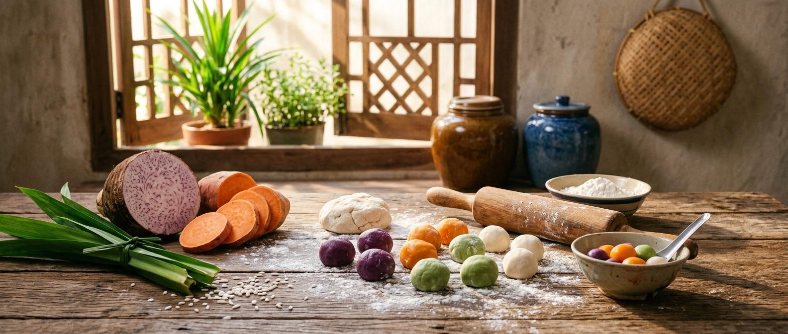 Fresh ingredients — taro, sweet potato, pandan leaf, and handmade balls on a rustic wooden table